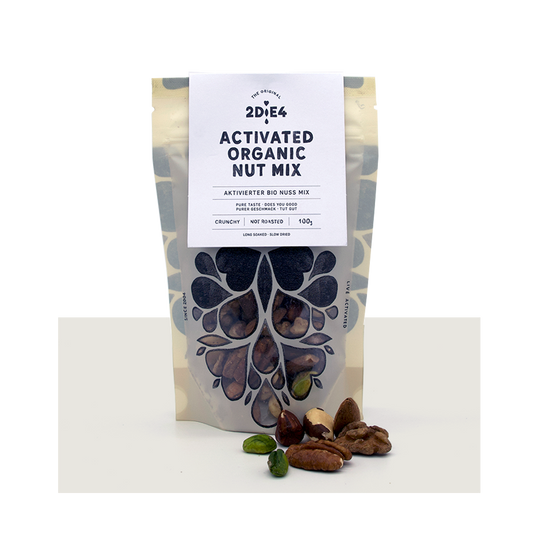 2DiE4 Activated Organic Nut Mix packaging featuring a variety of nuts, 100g size, crunchy and not roasted.