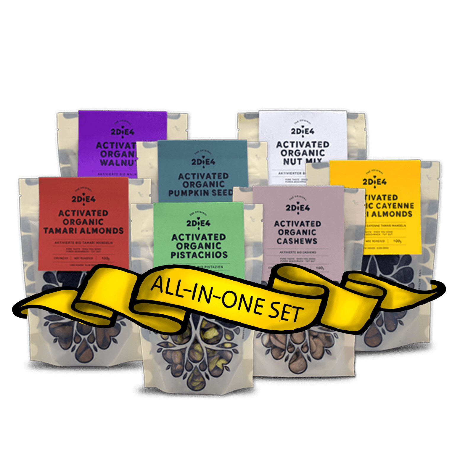 2DiE4 ALL-IN-ONE (Ge)Nuss-Set with activated organic nuts in colorful packaging, featuring 7 varieties of nuts.