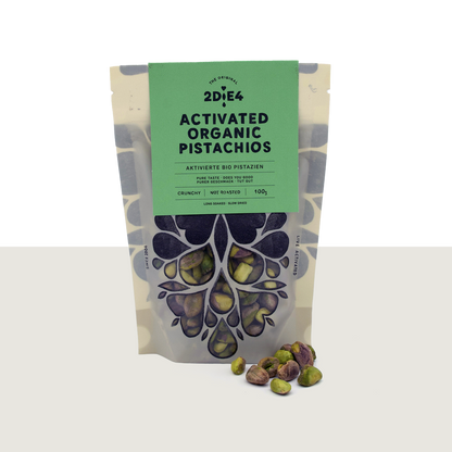 2DiE4 activated organic pistachios packaging with green label, featuring crunchy nuts in a 100g bag.