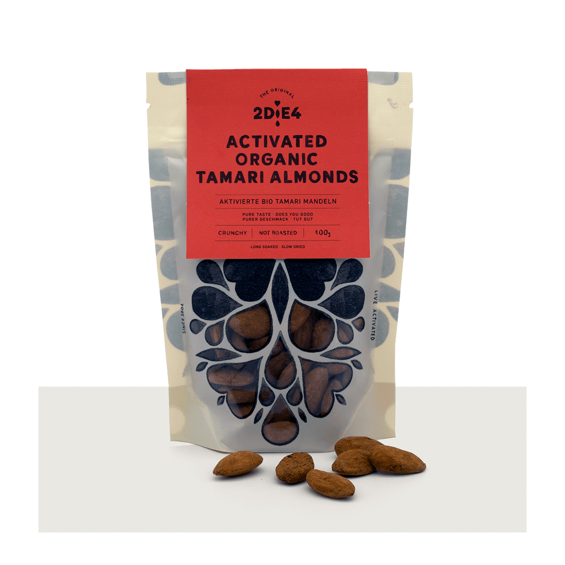 2DiE4 Activated Organic Tamari Almonds packaging, showcasing crunchy, unroasted almonds in a 100g bag.