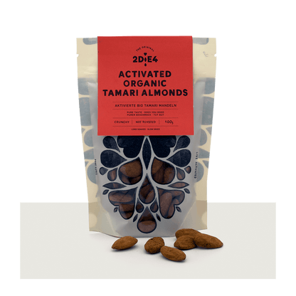 2DiE4 Activated Organic Tamari Almonds packaging, showcasing crunchy, unroasted almonds in a 100g bag.